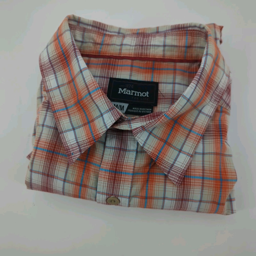 Marmot Button Down Shirt Short Sleeve‎ Men's Medium Orange White READ
